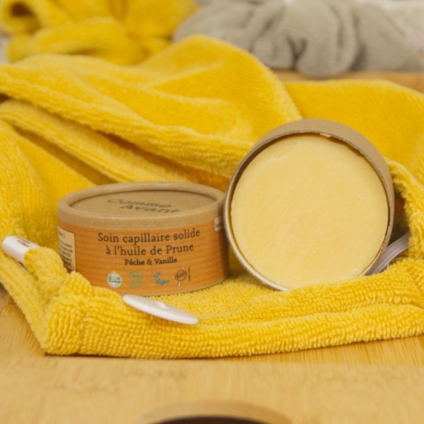 Soin capillaire naturel solide à l'huile de Prune - Parfum Vanille & Pêche