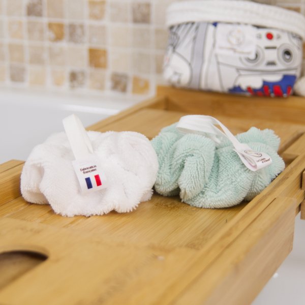 Fleurs de douche lavables en micro éponge bambou Blanc Vert menthe