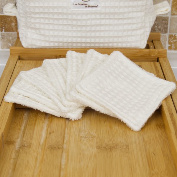 Lingettes démaquillantes lavables double face Écru – Éponge bambou & nid d’abeille
