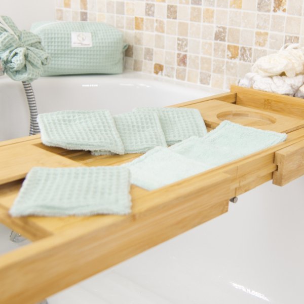 Lingettes démaquillantes lavables double face Vert Menthe – Éponge bambou & nid d’abeille