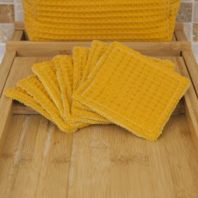 Lingettes démaquillantes lavables double face Jaune curcuma – Éponge bambou & nid d’abeille