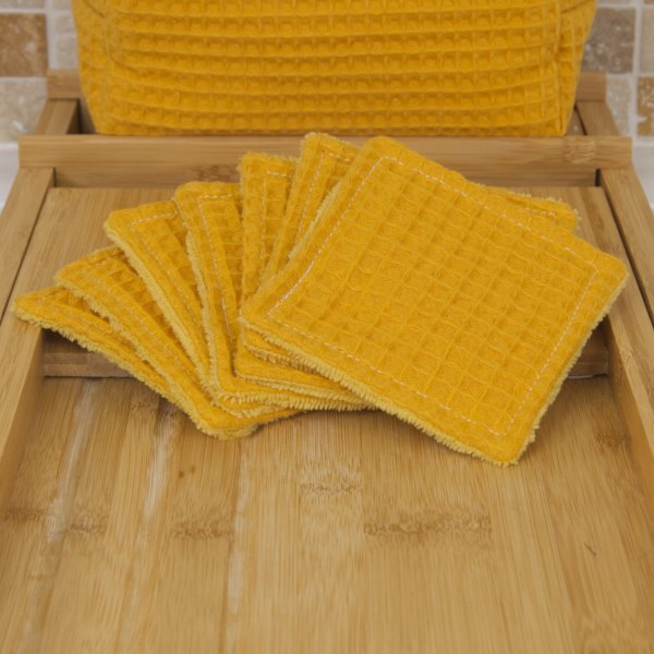 Lingettes démaquillantes lavables double face Jaune curcuma – Éponge bambou & nid d’abeille