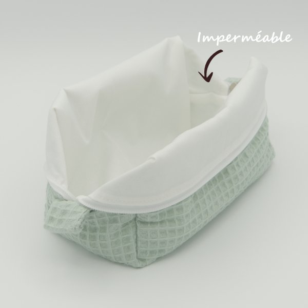 Trousse de toilette imperméable Vert Menthe – Nid d’abeille – Format 20x10x10 cm – Femme & Homme – Fait main France