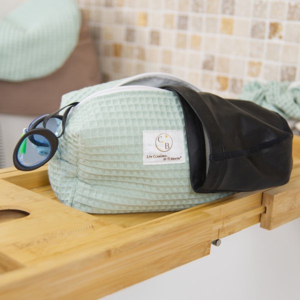 Trousse de toilette imperméable Vert Menthe – Nid d’abeille – Format 20x10x10 cm – Femme & Homme – Fait main France