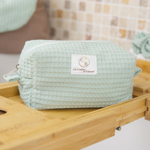 Trousse de toilette imperméable Vert Menthe – Nid d’abeille – Format 20x10x10 cm – Femme & Homme – Fait main France