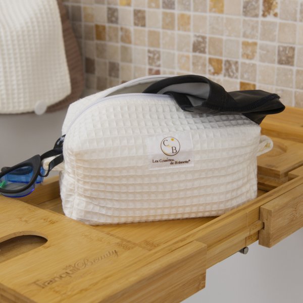 Trousse de toilette imperméable Écru – Nid d’abeille – Format 20x10x10 cm – Femme & Homme – Fait main France