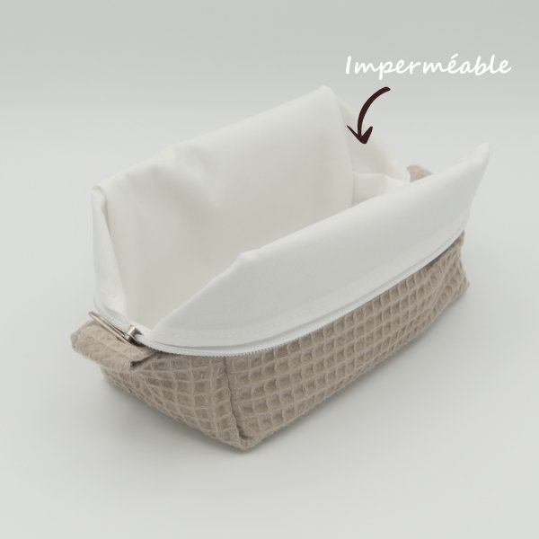 Trousse de toilette imperméable Cappuccino – Nid d’abeille – Format 20x10x10 cm – Femme & Homme – Fait main France