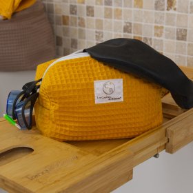 Trousse de toilette imperméable Jaune Curcuma – Nid d’abeille – Format 20x10x10 cm – Femme & Homme – Fait main France