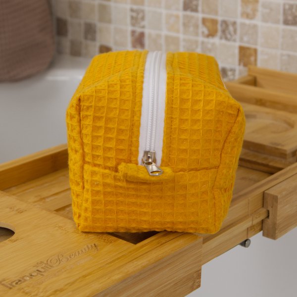 Trousse de toilette imperméable Jaune Curcuma – Nid d’abeille – Format 20x10x10 cm – Femme & Homme – Fait main France