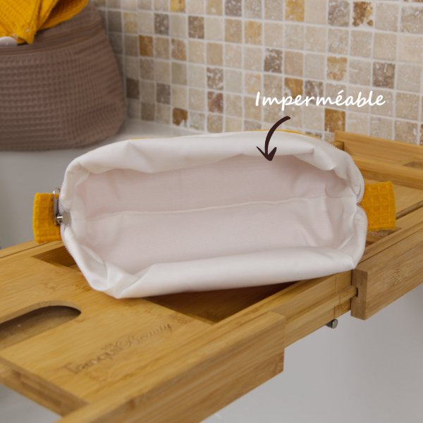 Trousse de toilette imperméable Jaune Curcuma – Nid d’abeille – Format 20x10x10 cm – Femme & Homme – Fait main France