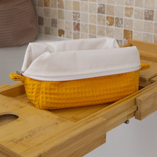 Trousse de toilette imperméable Jaune Curcuma – Nid d’abeille – Format 20x10x10 cm – Femme & Homme – Fait main France