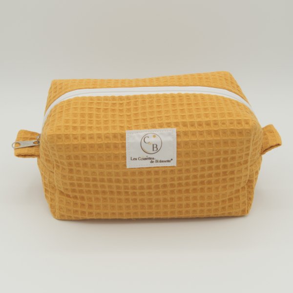 Trousse de toilette imperméable Jaune Curcuma – Nid d’abeille – Format 20x10x10 cm – Femme & Homme – Fait main France