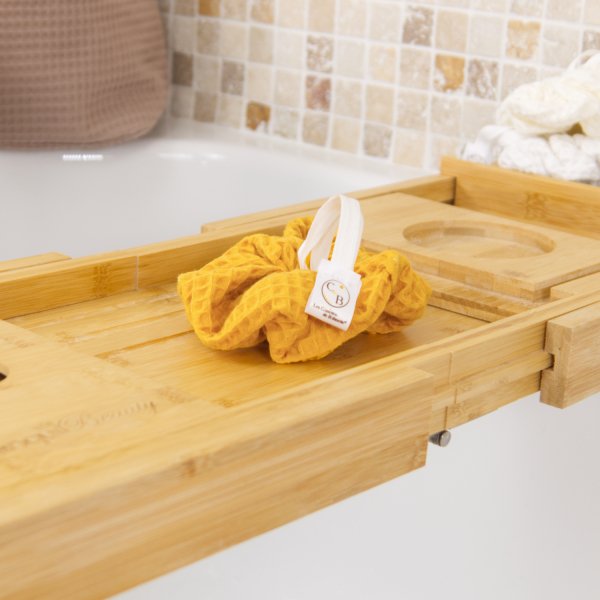 Fleur de douche Jaune Curcuma – Nid d’abeille coton – Exfoliation naturelle – Zéro déchet