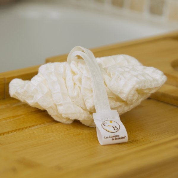 Fleur de douche Écru – Nid d’abeille coton – Exfoliation naturelle – Zéro déchet