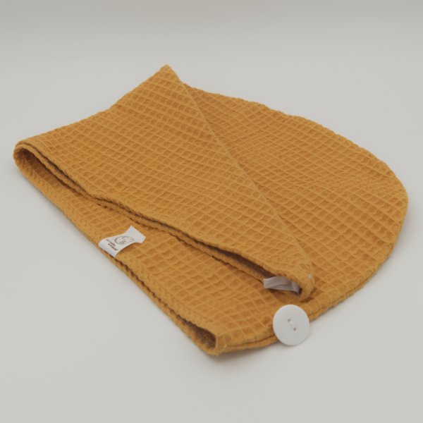 Serviette cheveux Jaune Curcuma – Nid d’abeille 100% coton – Plopping & séchage rapide