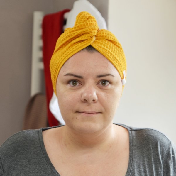 Serviette cheveux Jaune Curcuma – Nid d’abeille 100% coton – Plopping & séchage rapide