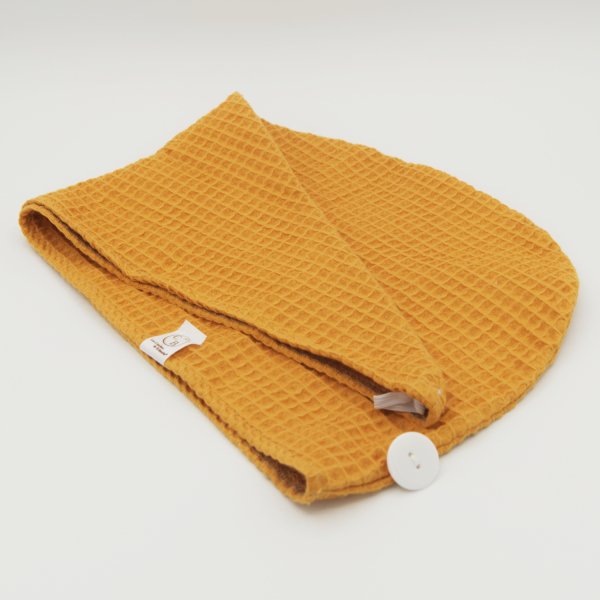 Serviette cheveux Jaune Curcuma – Nid d’abeille 100% coton – Plopping & séchage rapide