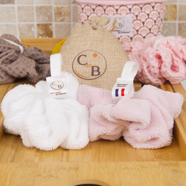 Fleurs de douche lavables en micro éponge bambou Blanc Rose