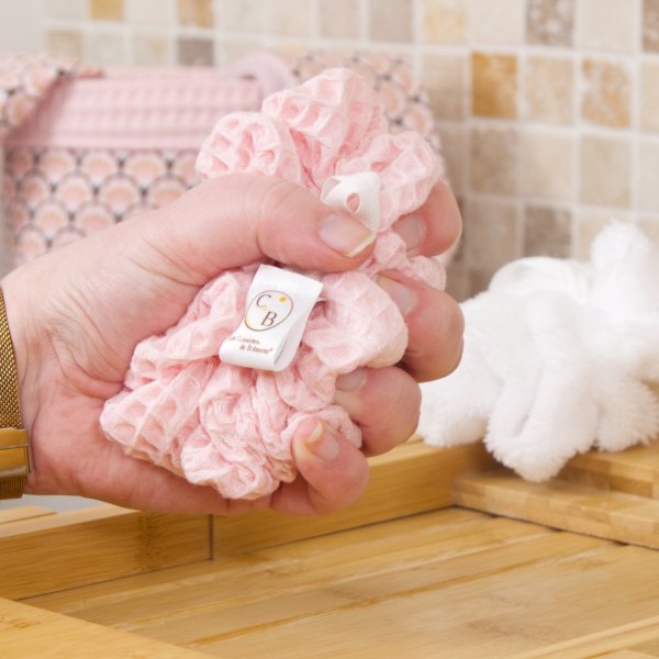 Fleur de douche Rose – Nid d’abeille coton – Exfoliation naturelle – Zéro déchet