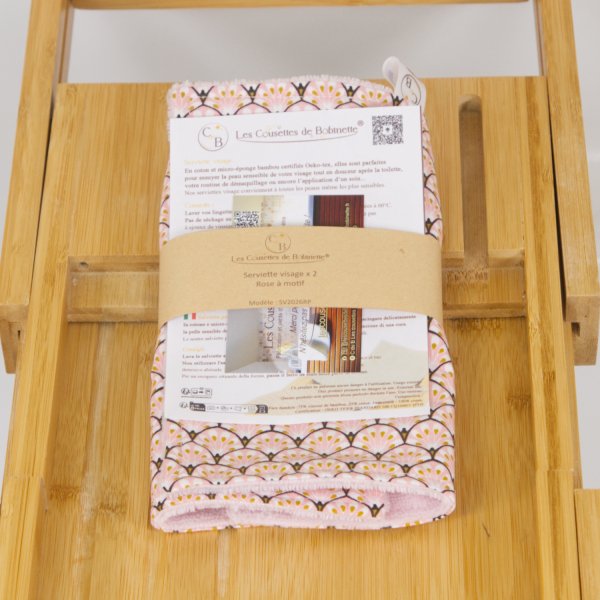 Lot de 2 serviette visage skincare en coton et éponge bambou rose