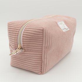 Trousse rectangulaire velours côtelé bois de rose – intérieur coton Oeko-Tex motif Paon – fait main