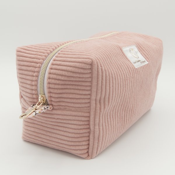 Trousse rectangulaire velours côtelé bois de rose – intérieur coton Oeko-Tex motif Paon – fait main