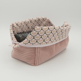 Trousse rectangulaire velours côtelé bois de rose – intérieur coton Oeko-Tex motif Paon – fait main