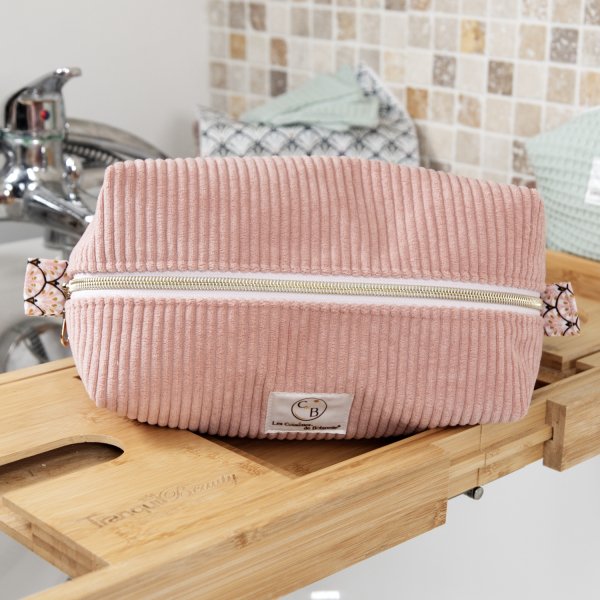 Trousse rectangulaire velours côtelé bois de rose – intérieur coton Oeko-Tex motif Paon – fait main