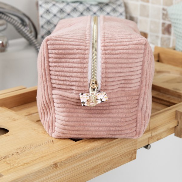 Trousse rectangulaire velours côtelé bois de rose – intérieur coton Oeko-Tex motif Paon – fait main