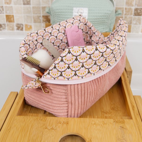 Trousse rectangulaire velours côtelé bois de rose – intérieur coton Oeko-Tex motif Paon – fait main