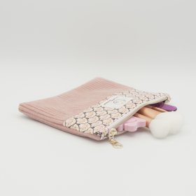 Pochette plate velours côtelé bois de rose bi-matière – coton Oeko-Tex motif Paon