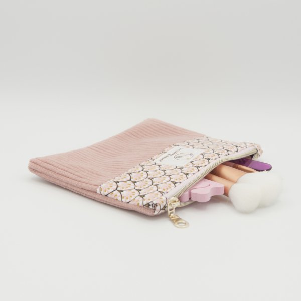 Pochette plate velours côtelé bois de rose bi-matière – coton Oeko-Tex motif Paon