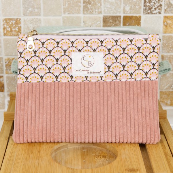 Pochette plate velours côtelé bois de rose bi-matière – coton Oeko-Tex motif Paon