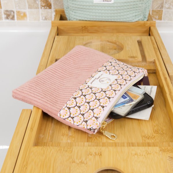 Pochette plate velours côtelé bois de rose bi-matière – coton Oeko-Tex motif Paon