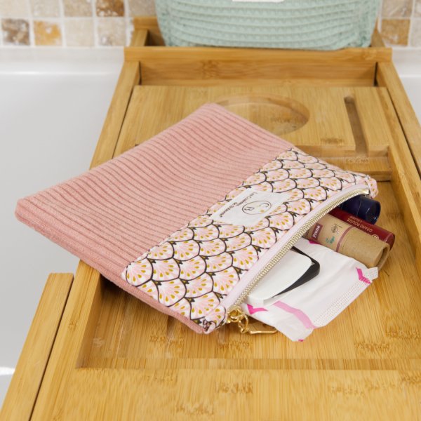 Pochette plate velours côtelé bois de rose bi-matière – coton Oeko-Tex motif Paon