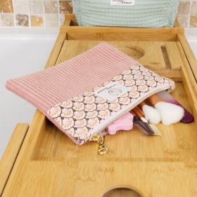 Pochette plate velours côtelé bois de rose bi-matière – coton Oeko-Tex motif Paon