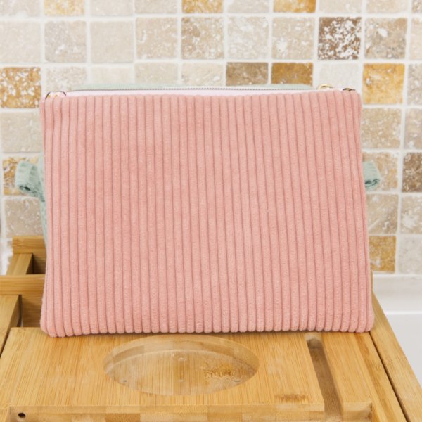 Pochette plate velours côtelé bois de rose bi-matière – coton Oeko-Tex motif Paon