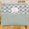 Pochette plate velours côtelé céladon bi-matière – coton Oeko-Tex motif Éventails