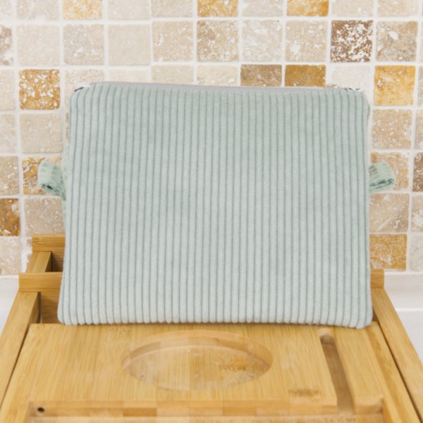 Pochette plate velours côtelé céladon bi-matière – coton Oeko-Tex motif Éventails