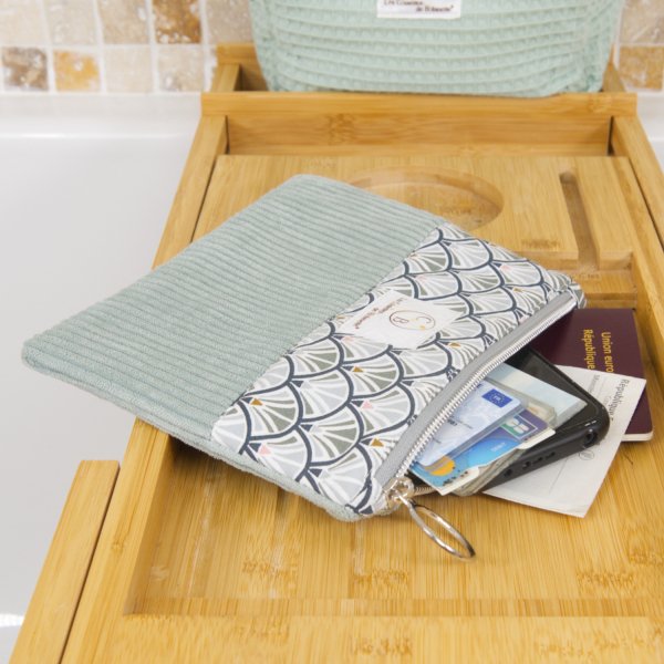 Pochette plate velours côtelé céladon bi-matière – coton Oeko-Tex motif Éventails