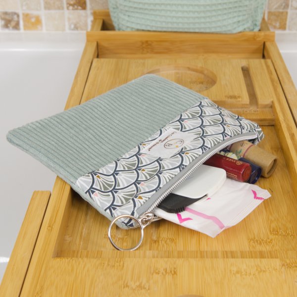 Pochette plate velours côtelé céladon bi-matière – coton Oeko-Tex motif Éventails