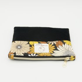 Pochette plate velours noir bi-matière – coton Oeko-Tex motif fleurs jaunes
