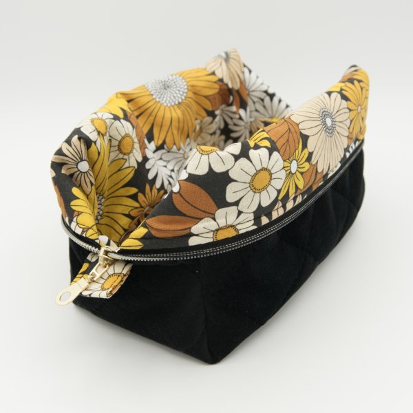 Trousse rectangulaire velours côtelé noir édition limitée – coton Oeko-Tex fleurs jaunes – fait main