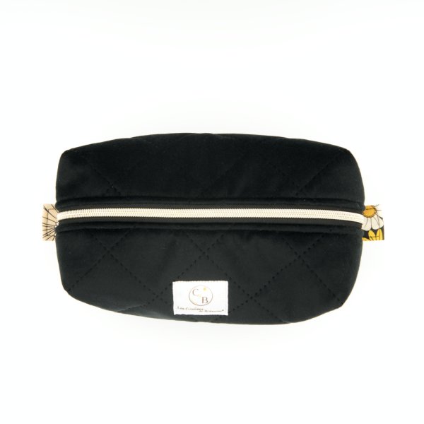 Trousse rectangulaire velours côtelé noir édition limitée – coton Oeko-Tex fleurs jaunes – fait main