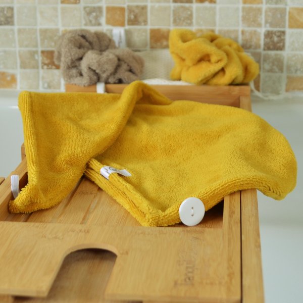 Lot de 2 serviettes cheveux micro éponge bambou Blanc Jaune Curcuma