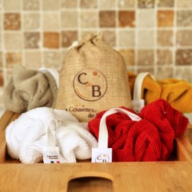 Lot de 2 fleurs de douche micro éponge bambou certifiée OEKO TEX. Blanc Rouge
