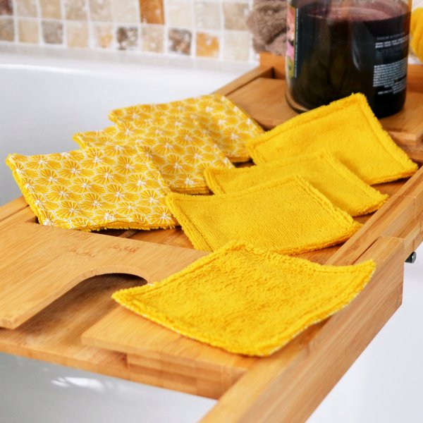 Lot de 7 lingettes démaquillantes lavables Jaune Curcuma Géométrique Coton et micro éponge Bambou OEKO-TEX