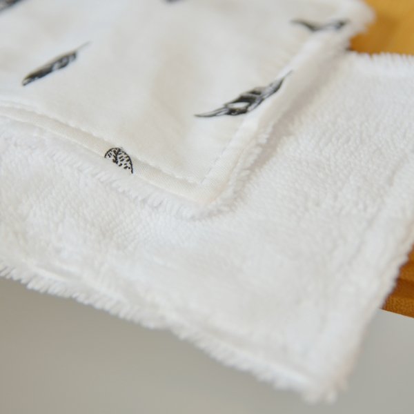 Lot de 7 lingettes démaquillantes lavables Blanc Plumes Coton et micro éponge Bambou OEKO-TEX