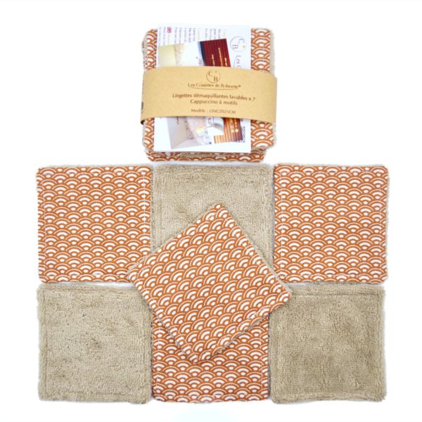 Lingettes démaquillantes lavables Cappuccino Saijo en coton et micro-éponge bambou OEKO-TEX. 10cm de côté