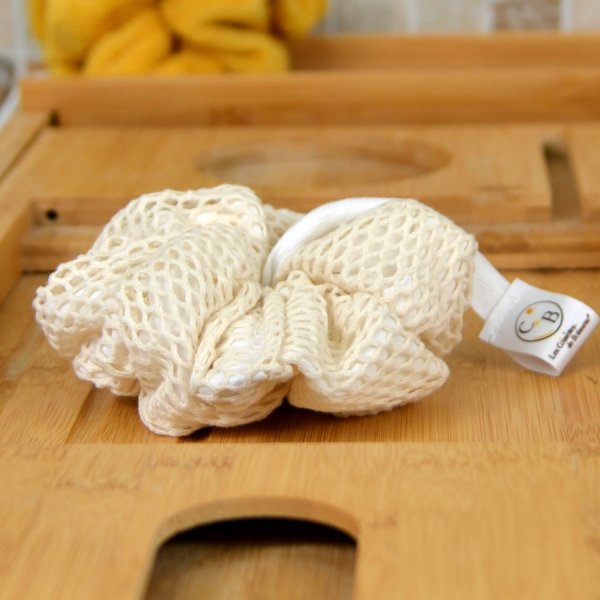 Fleur de douche exfoliante lavable en filet coton bio